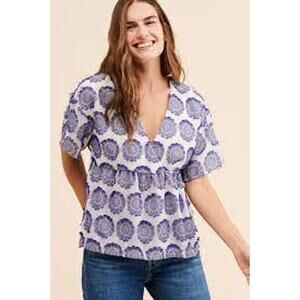Anthropologie Maeve Gioia Blouse Babydoll Textured Blue Relaxed V Neck Women XS